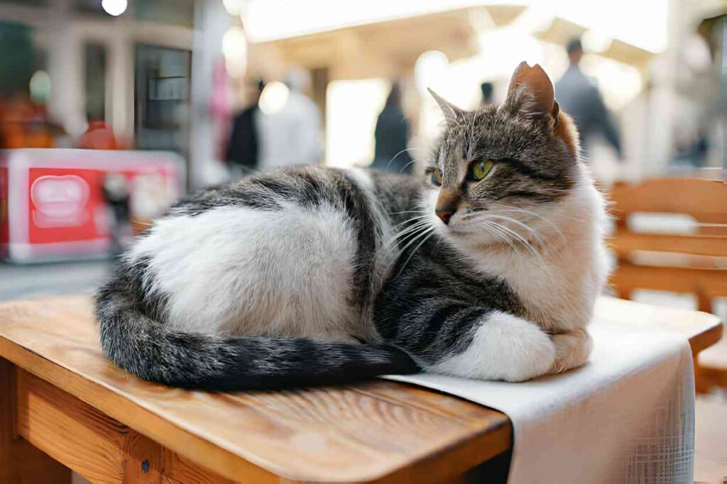 a kitten sitting on a table in cafe