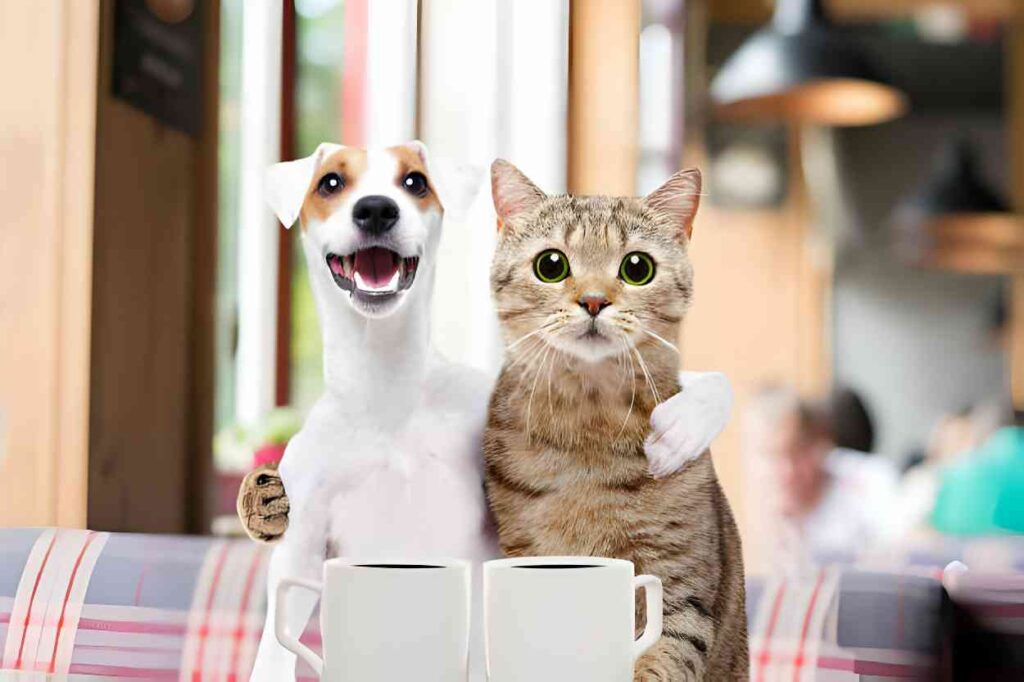 cat and dog together in cafe